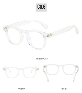 Vues détaillées des lunettes TR90 anti-lumière bleue avec rivets vintage et monture claire