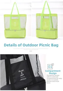 Detail view of dual-layer mesh picnic bag with insulated bottom compartment and top handles