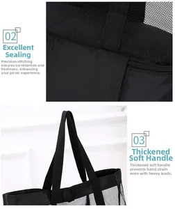 Detail view of reinforced stitching and padded handle on black picnic cooler bag