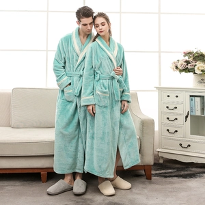 Plush mint green flannel bathrobe for couples with thick fleece and white trim