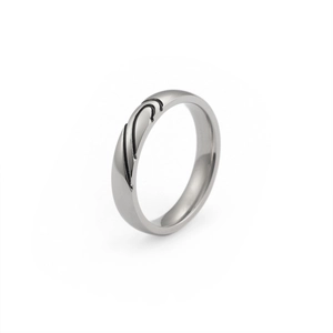 Minimalist silver heart engraved titanium steel ring with polished finish on white backdrop