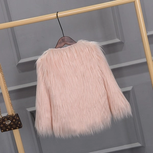 Detail view showing the plush faux fur texture of the pink winter coat for girls