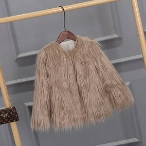 Girl's thick faux fur jacket in beige-brown, plush winter outerwear with smooth lining