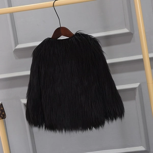 Detailed close-up of fluffy black faux fur texture on a thick winter coat for girls
