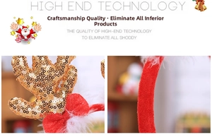 Close-up of Christmas headband with gold sequin antlers, red bow, and white feathers