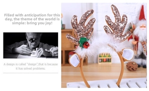 Detail of Christmas reindeer headband with champagne gold sequins, bells and green leaves