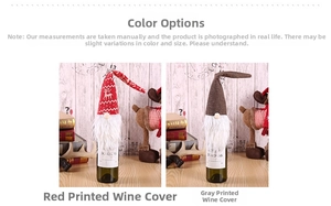 Detail of Christmas gnome wine bottle covers in red and grey festive snowflake patterns