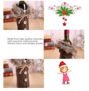 Detail of Christmas wine bottle cover featuring herringbone fabric and faux fur collar