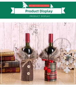 Detail of Christmas wine bottle covers featuring brown herringbone and red green plaid fabric