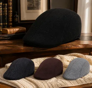 Thick wool blend newsboy cap for elderly men shown in black, grey and brown colors