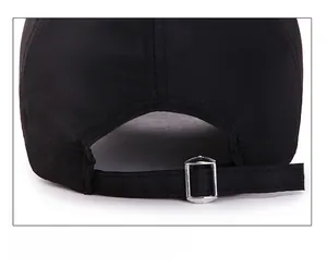 Macro shot of adjustable metal buckle on back of black casual baseball cap for men