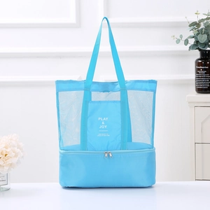 Blue double-layer mesh picnic tote with insulated bottom compartment for outdoor travel