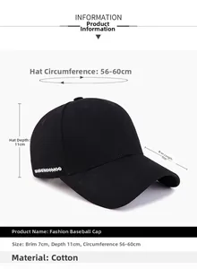 Detailed size chart showing cap circumference, depth and brim of a black cotton baseball hat