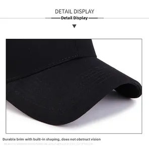 Close-up of a black baseball cap brim showing twill cotton texture and reinforced stitching