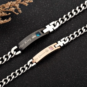 Bracciale Coppia Corona Acciaio Inossidabile 316L Croce Incisione Her King His Queen Zircone Gioielli Punk Uomo Donna