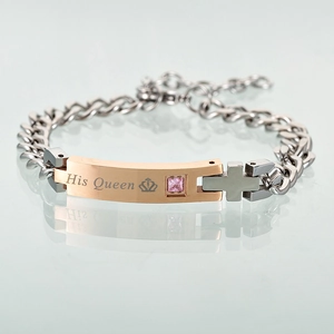 Bracciale His Queen in acciaio al titanio con placca oro rosa e zircone rosa
