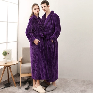 Thick purple plush bathrobe with diamond pattern and waist belt for men and women
