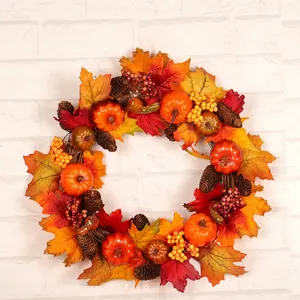 Autumn Maple Leaf Wreath Artificial Pumpkin Pine Cone Berry Thanksgiving Halloween Harvest Door Wall Decor Warm LED Light