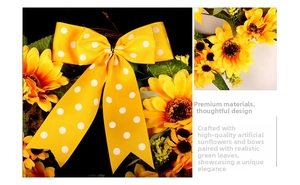 Macro detail of artificial sunflower wreath featuring high-quality fabric petals and a bow