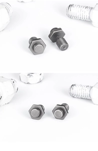 Detail view of vintage hexagonal screw stud earrings with industrial bolt design