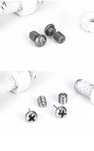 Detail of silver and gun black screw earrings with industrial threaded locking mechanism