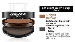 Detail view of double color seal eyebrow powder with light brown and dark grey tones