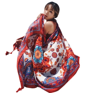 Long bohemian cotton linen scarf with red mandala paisley print and tassel edges