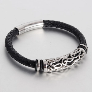 Men's 6mm black braided leather bracelet with vintage silver-tone magnetic clasp