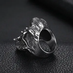 Vintage gothic stainless steel biker ring with intricate ram skull head design