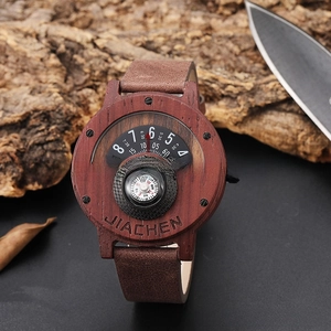 Outdoor multifunctional wooden watch featuring a built-in compass on tree bark background