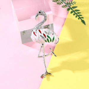 Exquisite pink flamingo brooch with colorful enamel and sparkling crystal details