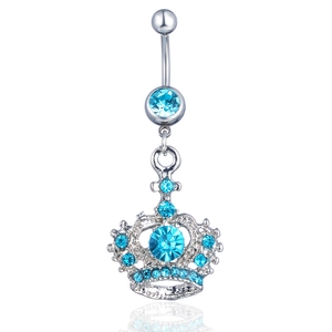 Silver belly button ring with blue rhinestone crown pendant and crystal ball design