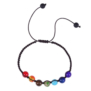 Adjustable 7 chakra woven bracelet with colorful natural stones and black lava beads