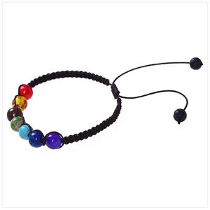 Detail of adjustable woven cord on seven chakra energy stone bracelet with lava beads