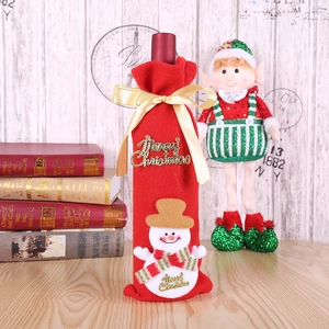 Red Christmas wine bottle cover with snowman embroidery and gold Merry Christmas text