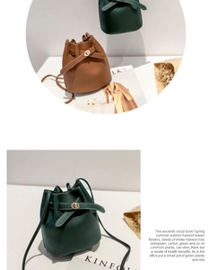 Litchi pattern leather bucket bags in brown and green with golden metal twist locks