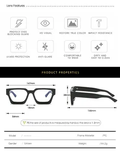 Size guide for thick square frame glasses with full dimensions and technical specifications