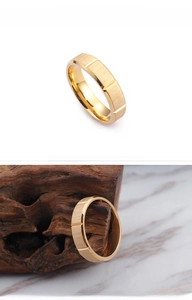Detail of 18K gold ring with brushed matte finish and vertical groove pattern texture