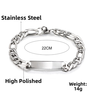 Close-up of polished stainless steel Cuban chain ID bracelet with dimensions and weight