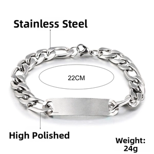 Polished stainless steel ID bracelet with flat cuban links, 22cm length and 24g weight