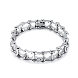 Mens stainless steel bracelet with industrial bike chain style in silver finish