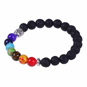 8mm 7 Chakra natural lava stone yoga bracelet with silver Buddha head on white background