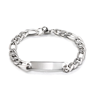 Polished silver stainless steel link bracelet with smooth identification plate on white background