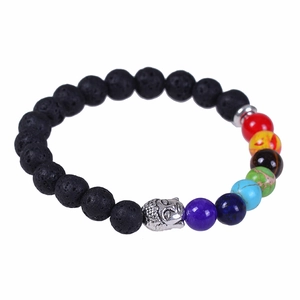 8mm natural lava stone 7 chakra healing beads yoga bracelet with silver Buddha head
