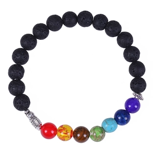 Chakra lava stone bracelet with 8mm natural beads and silver elephant charm