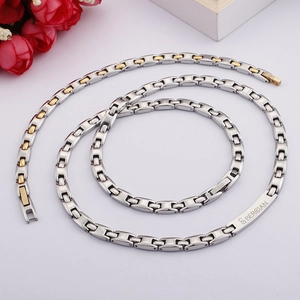 Men's titanium steel necklace and bracelet set in silver and gold dual-tone finish