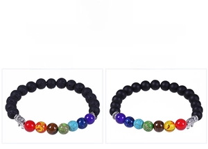 Detail of 8mm chakra bead bracelets with volcanic stone and matte black agate elephant charms