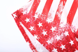 Macro shot of stitching on a vintage American flag print t-shirt for women