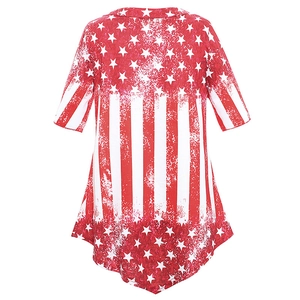 Detail of red and white American flag print on t-shirt with irregular asymmetric hemline