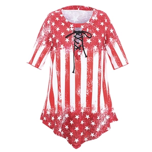 Women's summer V-neck T-shirt featuring American flag print and lace-up neck design